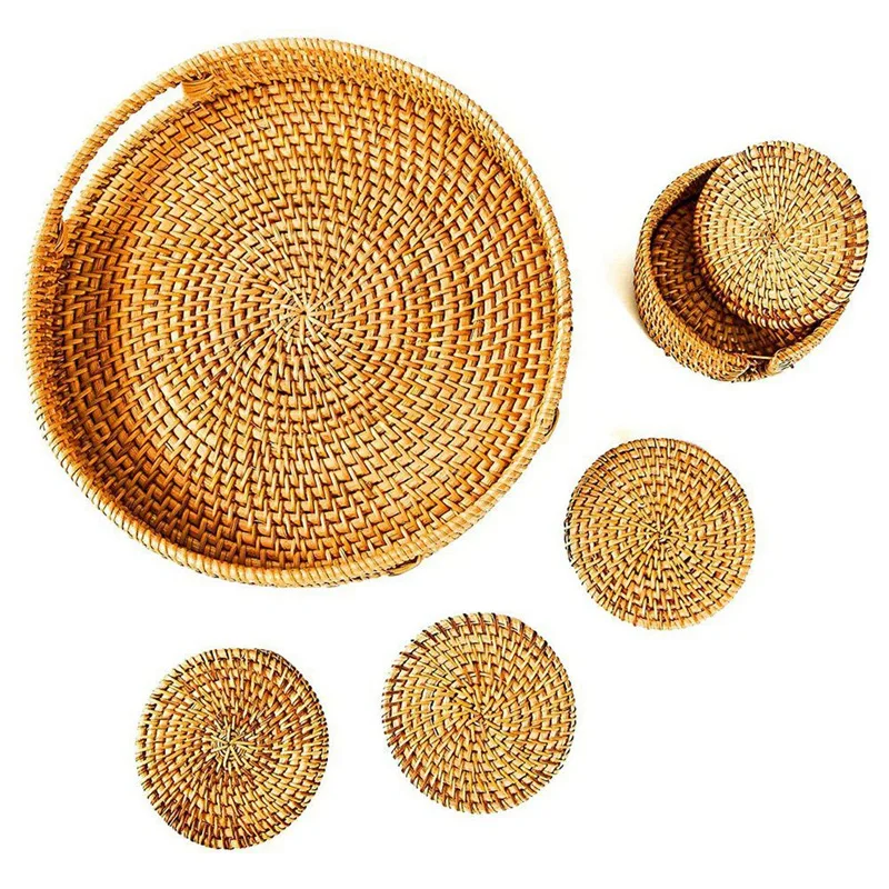 

ABHU Round Rattan Tray,Wicker Tray With 6 Rattan Coasters,Home Decor Tray For Breakfast And Coffee Tables,Fruit Basket Tray
