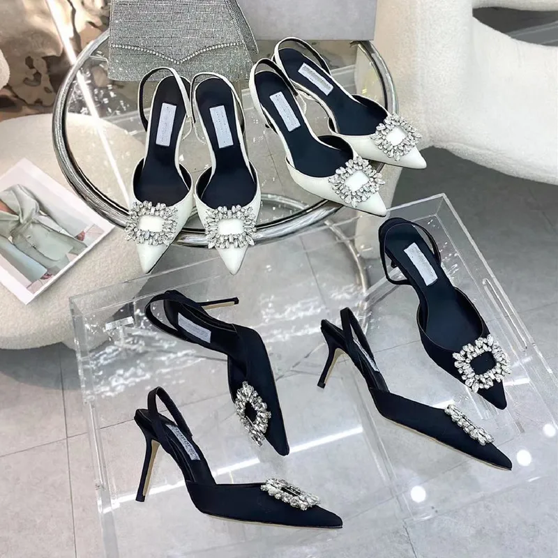 2022 Summer New Rhinestone Snowflake Buckle High Heels Pointed Toe Back Empty Sandals Silk Satin Square Buckle Women's Shoes