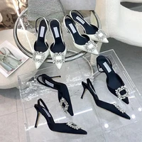 2022 summer new rhinestone snowflake buckle high heels pointed toe back empty sandals silk satin square buckle womens shoes