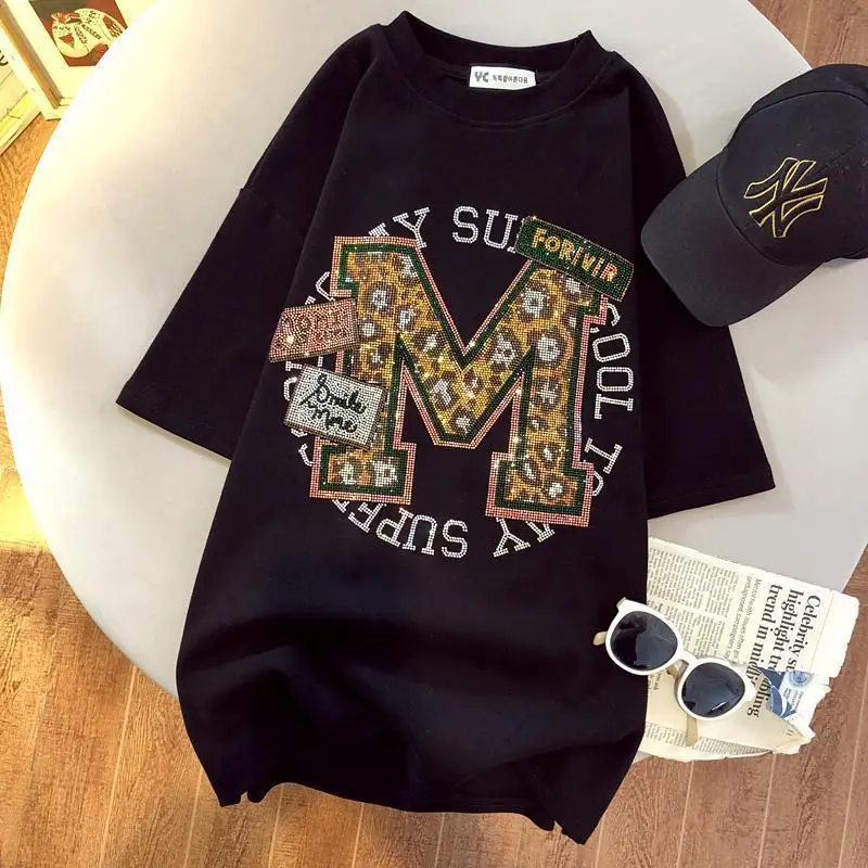 

2022 Summer Loose Plus Size Women's Letter M Diamonds Short-sleeved Brand new T-shirt Kawaii Clothes Streetwear Fashion Top