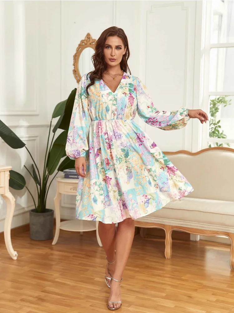 Plus size women dress fashion print long sleeve skirt plus size outfits  party dress  plus size feminino