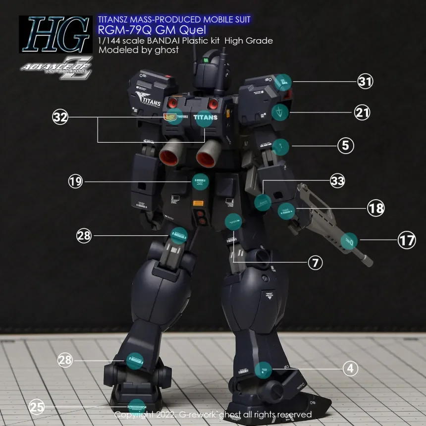 Фото Водные наклейки-декали для HGUC 1/144 RGM-79Q GM Quel TITANS, высококачественные флуоресцентные стикеры, детали для сборки моделей, DIY-комплектующие №4