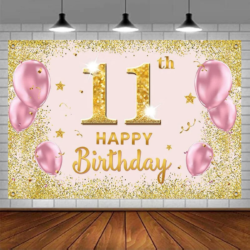 

Фон для фотосъемки с надписью счастливого 11 дня рождения, фотография, Фотофон, украшения для девочек, золотой, розовый постер