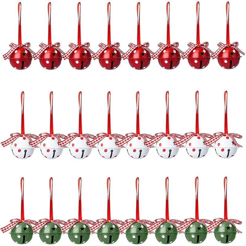 

24Pcs Christmas Jingle Bells For Decoration In Red White Green, Jingle Bells With Star Cutouts Christmas Metal Bells
