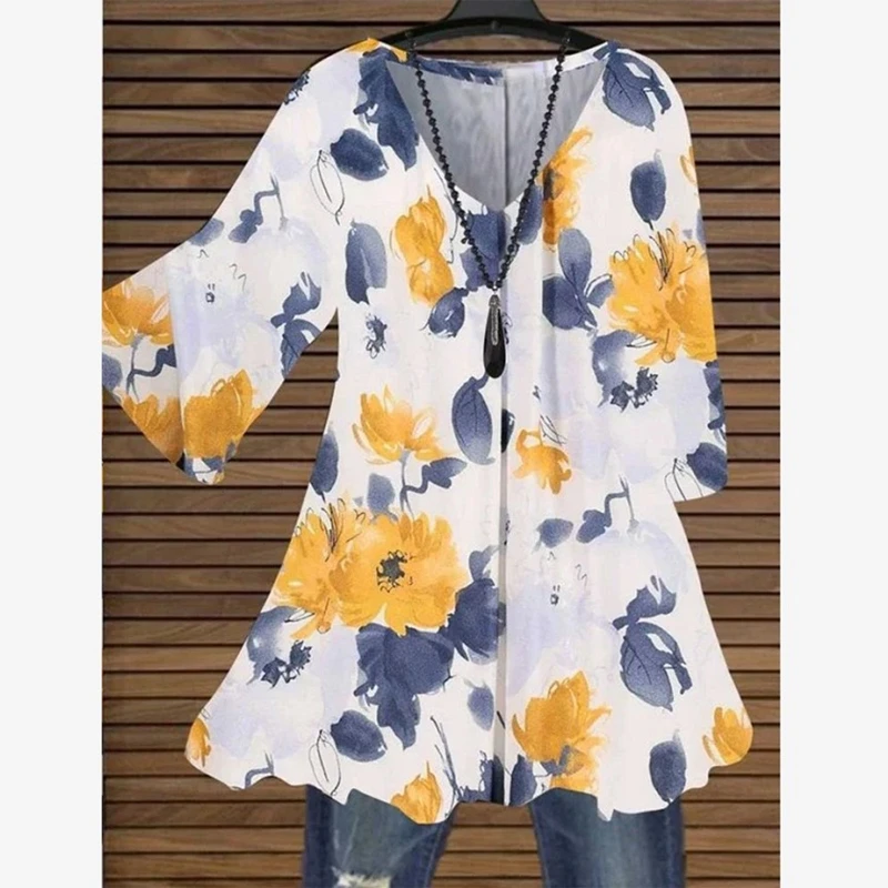 

H9ED Women Long Sleeve V-Neck Shirt Floral Print Loose Tunic Top Flowy Hem Blouse
