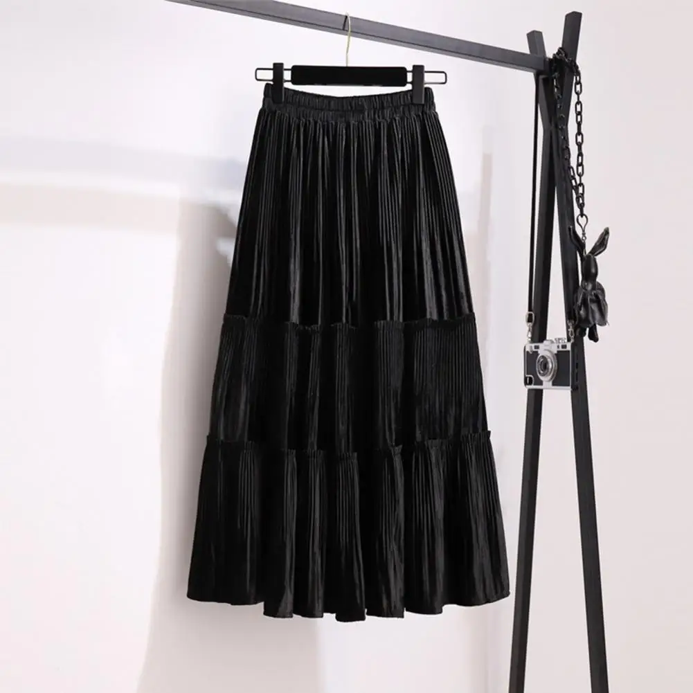 

Dressing Up Versatile Retro Pleated Stitching Velvet Skater Skirt for School