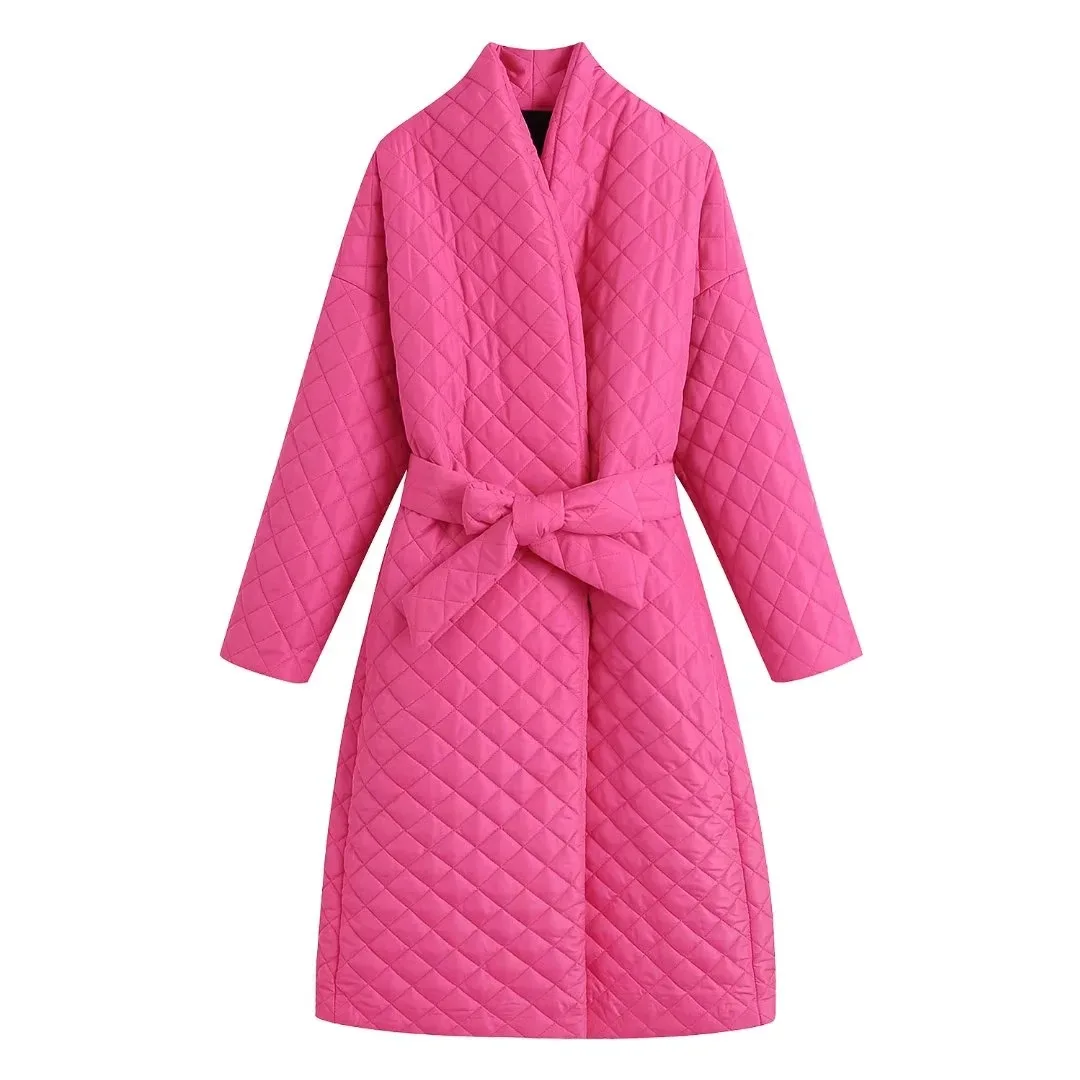 Women Fashion Long Padded Coat with Belt Long Sleeves High Neck Winter Warm Parkas Chic Lady Woman Long Jacket