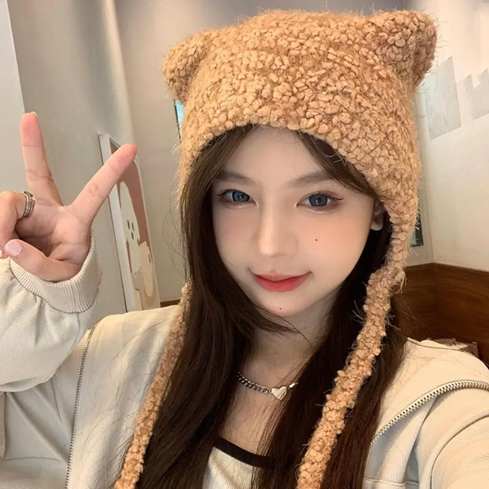 

Women Cartoon Hat Knitted Winter Cap with Cartoon Bear Head Design Warm Elastic Women's Beanie for Cold Weather Protection