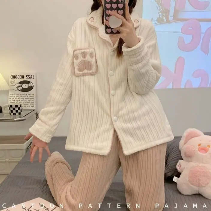Yasuk Autumn Winter Cute Women's Casual Lovely Sweet Girl Warm Soft Sleepwear Loose Pajamas With Pants Cat Paw Velvet Simple