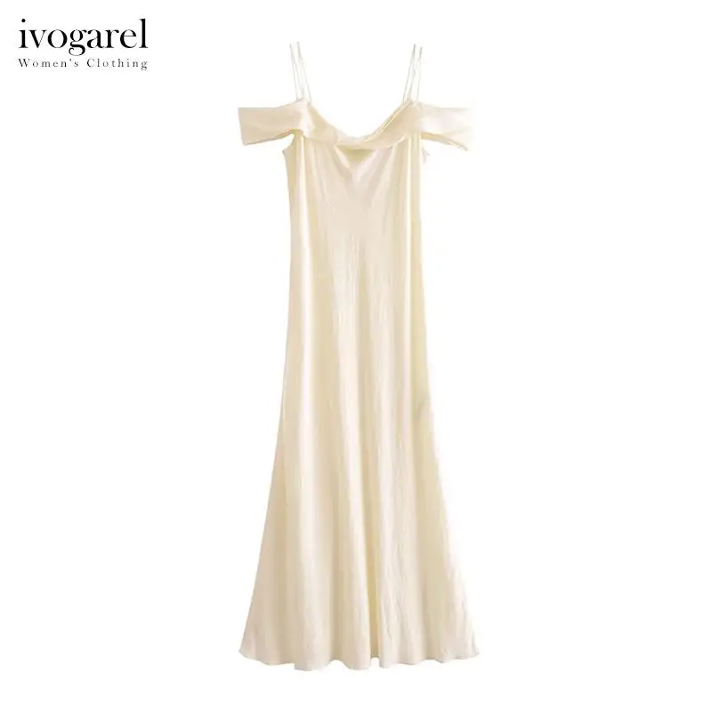 

Ivogarel Off-the-Shoulder Linen Blend Midi Dress Traf Women's Party Dress with Straight Neck, Short Sleeves, and Flared Hem