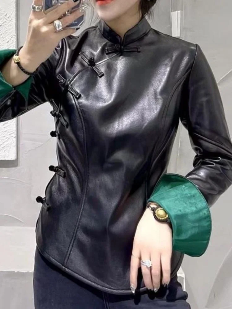 

Vintage Tang Suit Genuine Leather Jacket Women Stand Collar Slim Fashion Tops Chinese Style Single Breasted Short Sheepski 2023