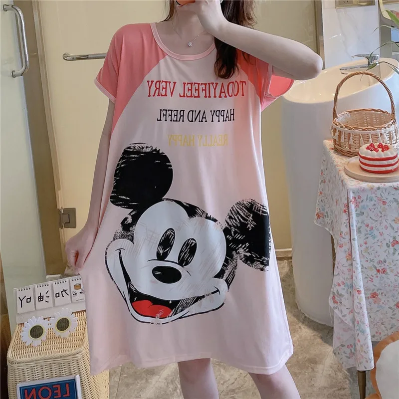 

Disney Nightdress Mickey Summer Pajamas Women's Short Sleeve Cartoon Nightdress Thin Section Loose Large Size Home Wear Dress