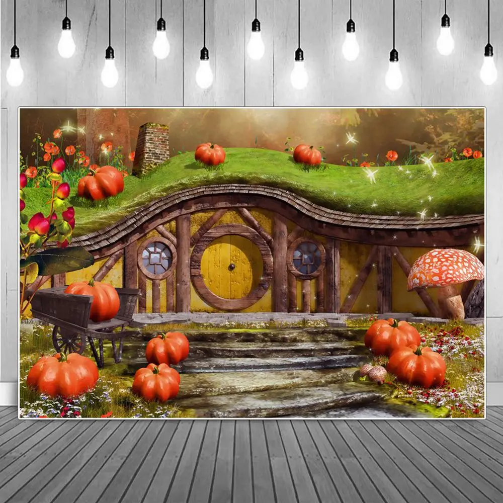 

Round Door Gnome Hut Photography Backgrounds Fairy Tale Pumpkin Wooden Dwarf Cabin Children Backdrop Photographic Portrait Props