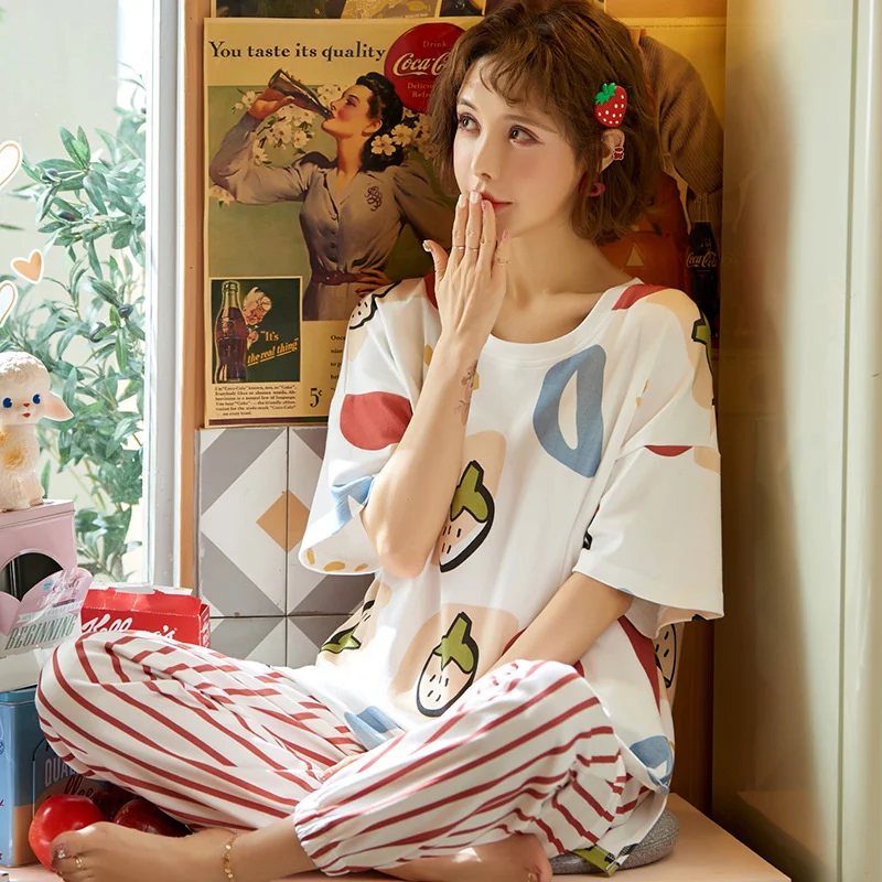 pajamas female summer short sleeved trousers pure cotton lovely girl spring autumn thin style summer two-piece home clothes