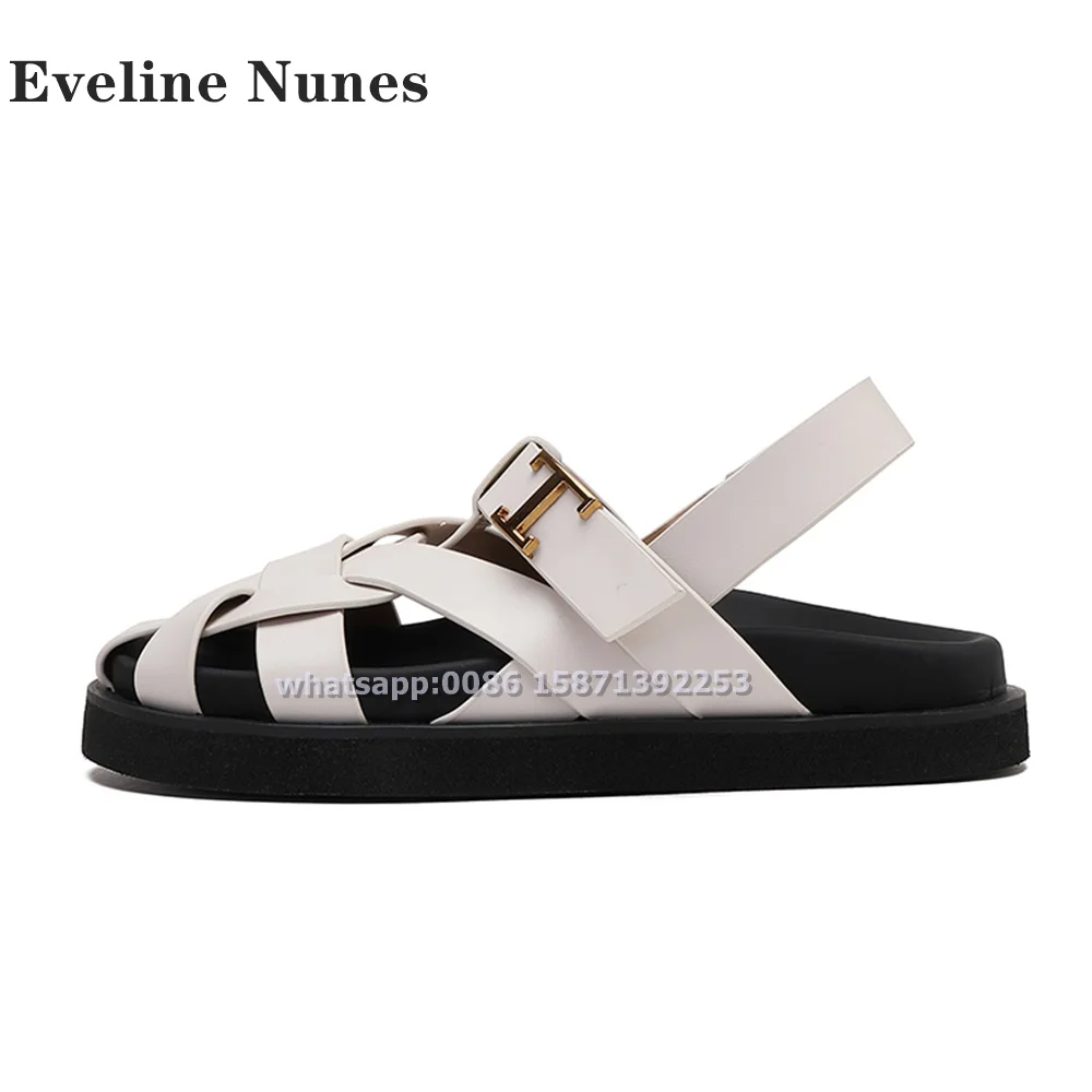 Сандалии с открытой пяткой плетеные босоножки металлической пряжкой круглый