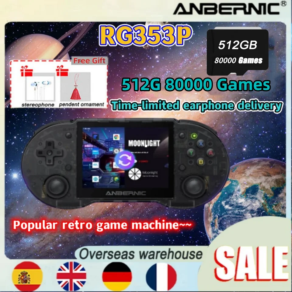 

2023 80000 Games ANBERNIC RG353P Original 512G 3.5 Inch Multi-touch Screen Handheld Game Console Android Linux System HDMI