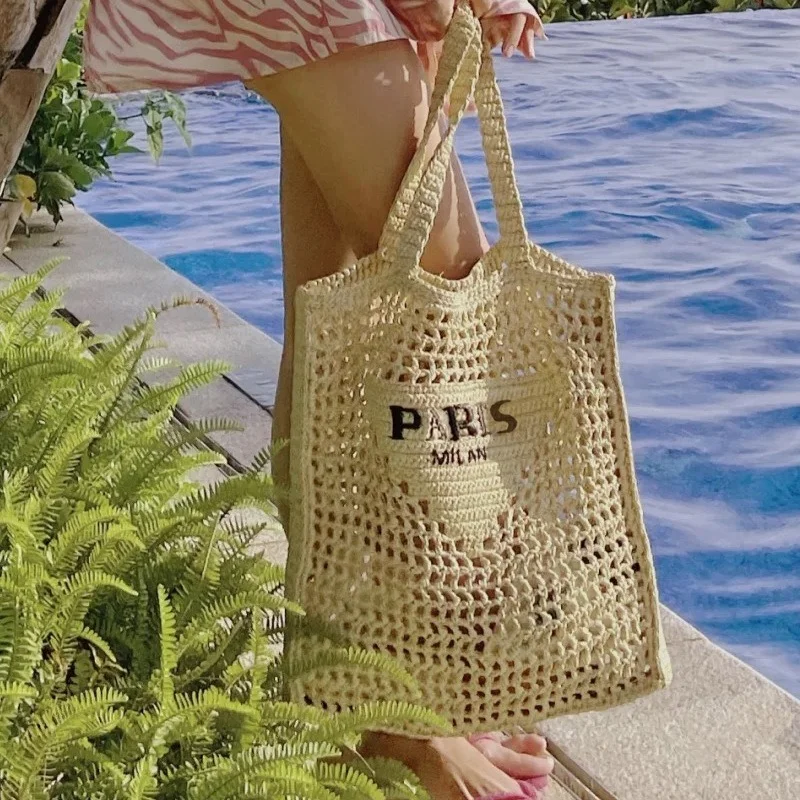 

Designer Brands Hollow Letters Large Straw Tote Fashion Paper Woven Women Shoulder Bags Summer Beach Handbag Luxury Big Bali Bag