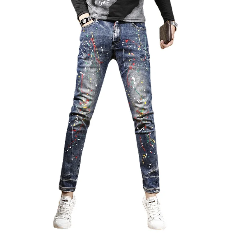 Autumn Graffiti Printed Blue Jeans Men Streetwear Casual Slim Fit Pencil Pants Fashion Stretch Denim Trousers
