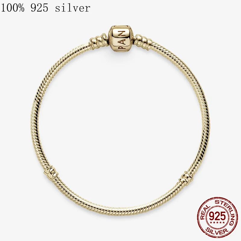 

925 Sterling Silver Bracelet Moments 14K Gold Snake bracelet Zircon Clasp Femme Snake Chain Bracelets Bangles Women Jewelry