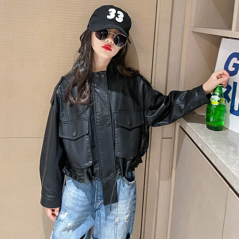 

Zipper Cool 5 Streetwear 9 Coat 13 Girls Teen 14yrs Black Autumn Fashion Korean For Outerwear Leather Jacket Spring Kids 11 12 7