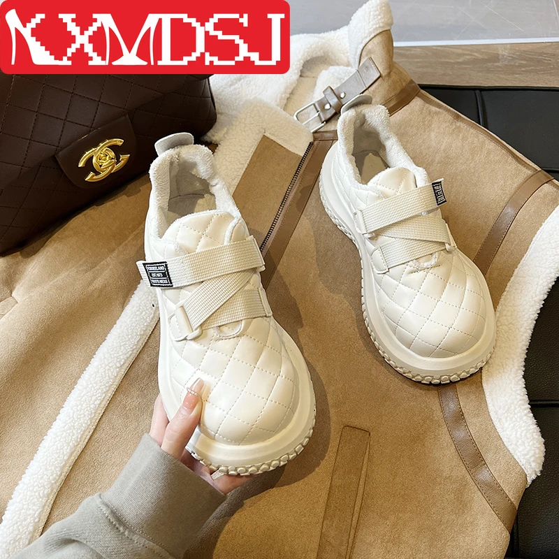 

2022 Winter New Fashion Korean Version Velcro Thick-soled Plaid Cotton Shoes Plus Velvet Snow Boots Wild Lazy Shoes T