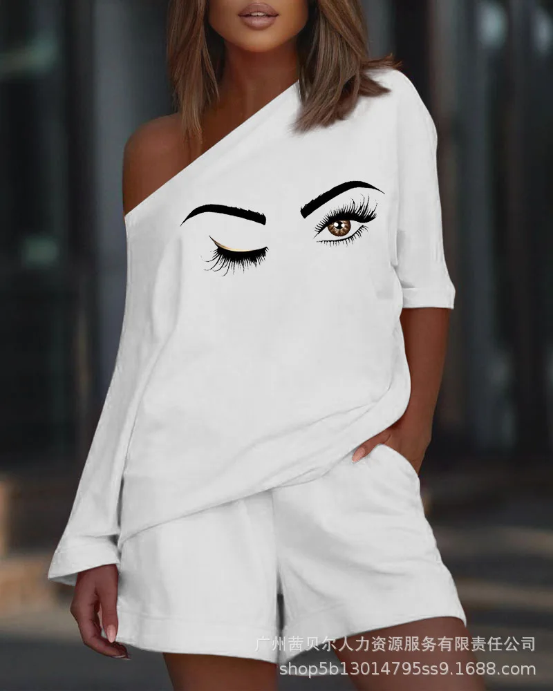 

Casual Shorts Sets Women Sexy Diagonal Shoulder Loose Two-Piece Set 2022 Summer Fashion Long Sleeved Top & High Waist Shorts