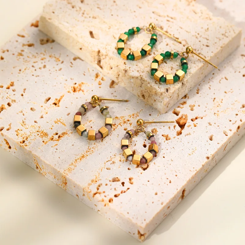 

Natural Stone Beads Spacer Square Dice Earrings Titanium Steel Plated 14k Gold Female French Vintage Stainless Steel Earrings