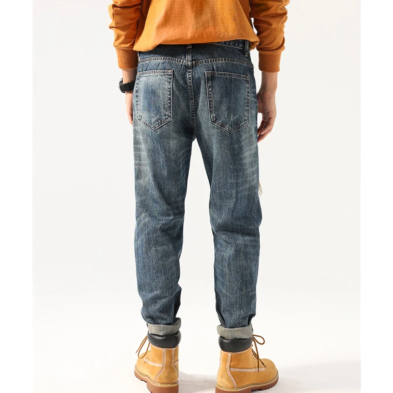 Men Clothing New Pattern Recreational Vintage Blue Hole Jeans Straight Cylinder Loose Street Trousers Autumn and Winter Female