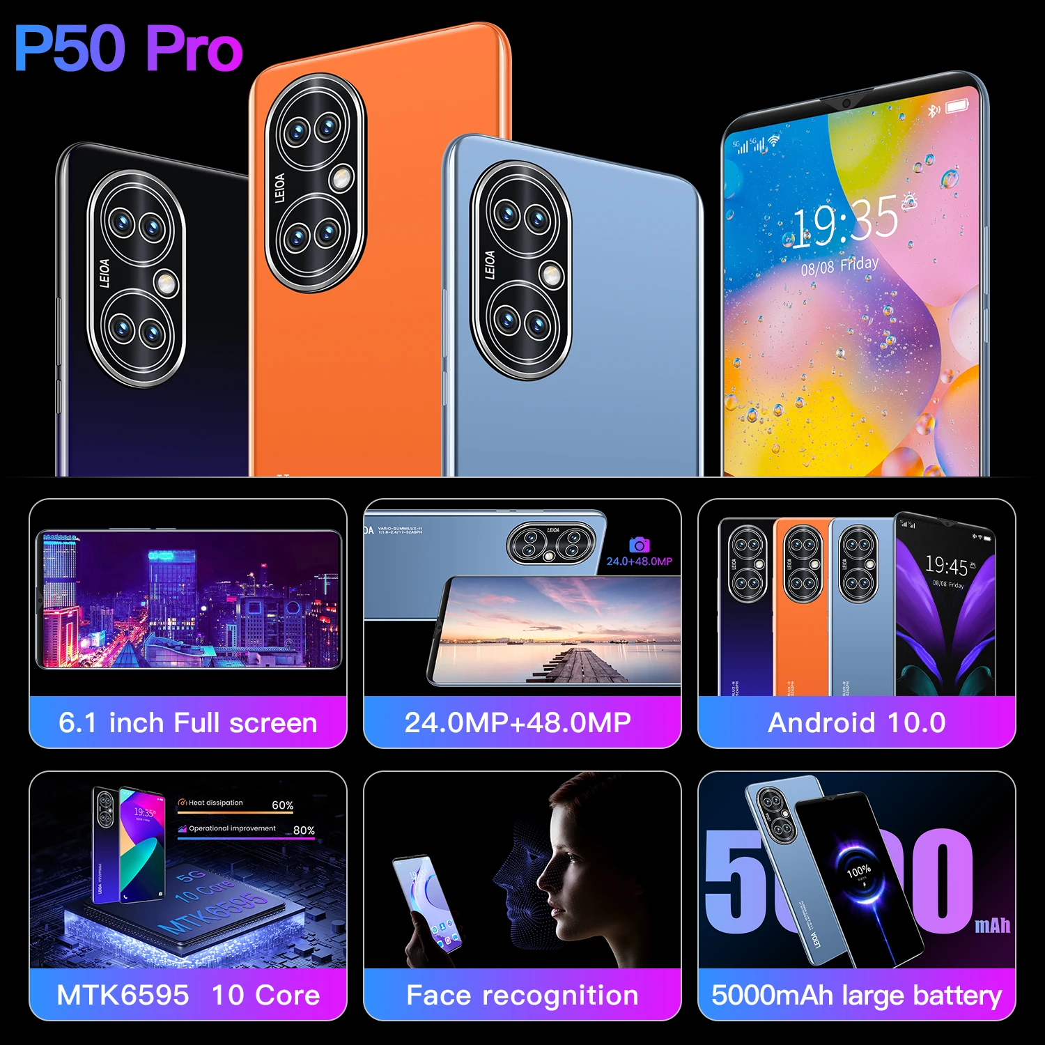 p50 pro global version smartphone android 10 0 mobile phones 6gb 128gb phone 6 1 inch 4g 5g dual card cell phone smart phone free global shipping