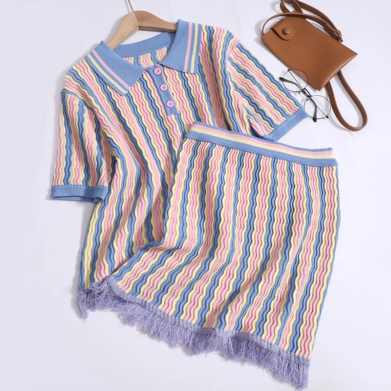 

Женский летний комплект из 2 предметов, трикотажная рубашка с отворотом и коротким рукавом и юбка с высокой талией, новинка 2023