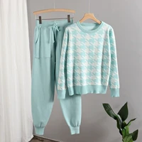 2022 2 pieces set women knitted tracksuit houndstooth sweater carrot jogging pants pullover sweater set chic knit suit x46