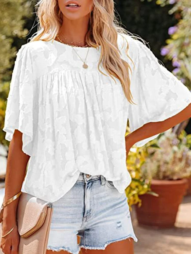 Chiffon Blouse Women New Summer Hollow Out Loose Shirt Tops Casual Short Sleeve Floral Printed Crew Neck Ruched 2022 |