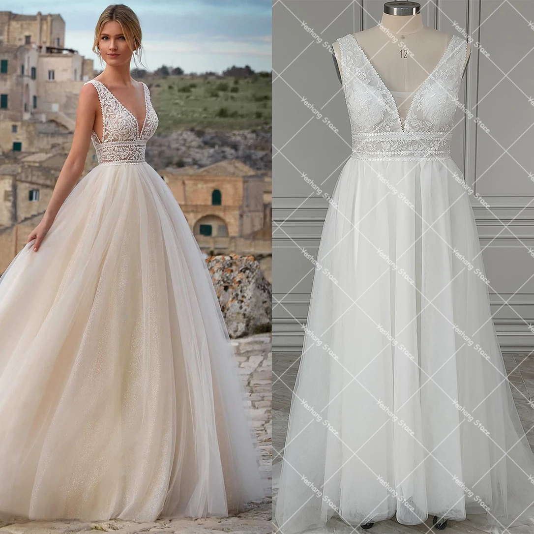 Индивидуальные свадебные платья с v-образным вырезом и прозрачным лифом