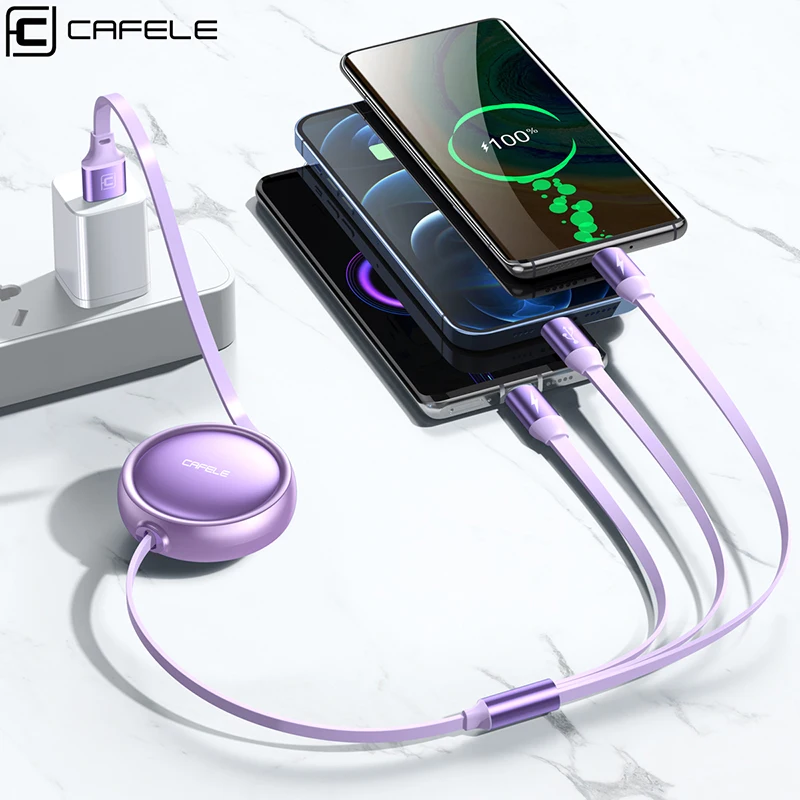 CAFELE выдвижной зарядный кабель для iphone 16 15 3 в 1 USB A к Lightning Micro Type C 3A портативная