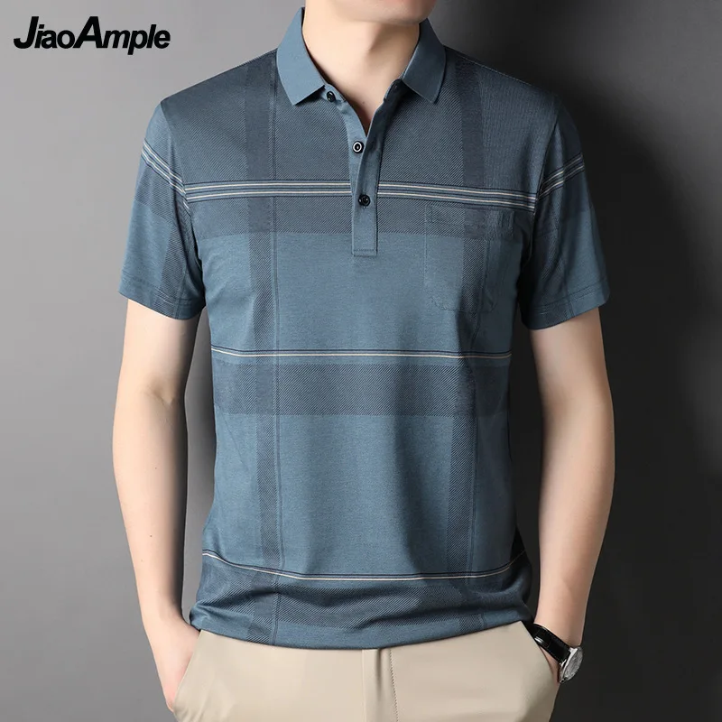 

Мужская рубашка-поло с короткими рукавами, голубая Повседневная рубашка-поло с карманами, в стиле пэчворк, лето 2019