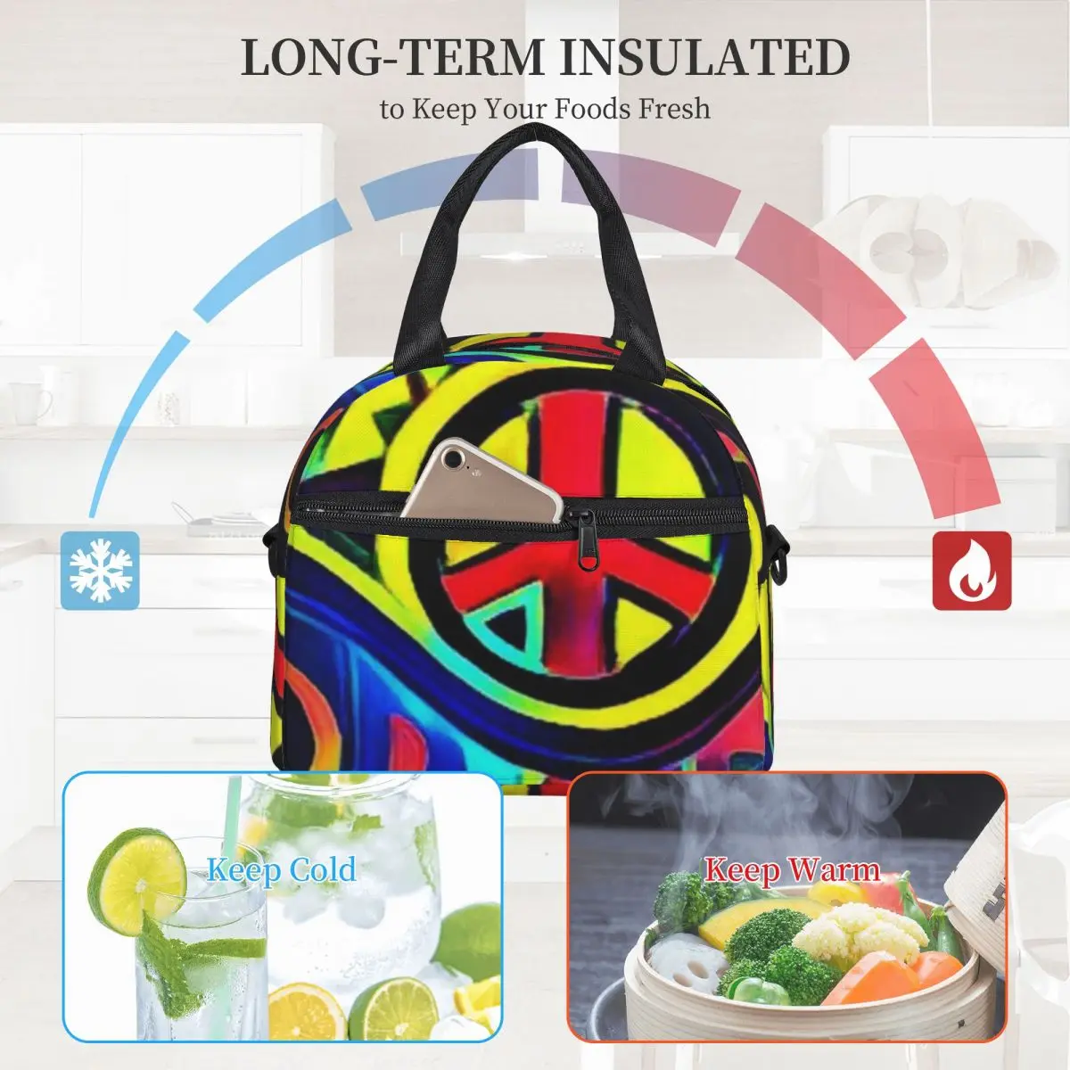 

Peace And Love Lunch Bag with Handle Bold Retro Art Cooling Cooler Bag Work Cool Food Thermal Bag