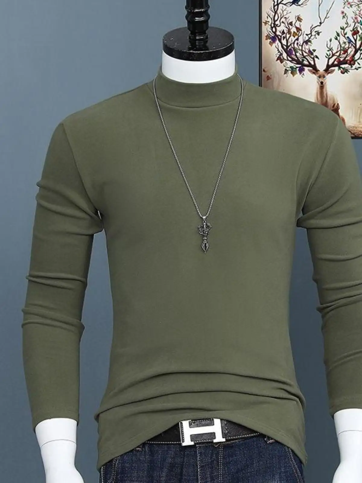 Men's Cotton Half-high Collar Long sleeves Shirt Winter Mid-Collar Modal Slim fit Bottoming Youth Solid Thermal Clothes