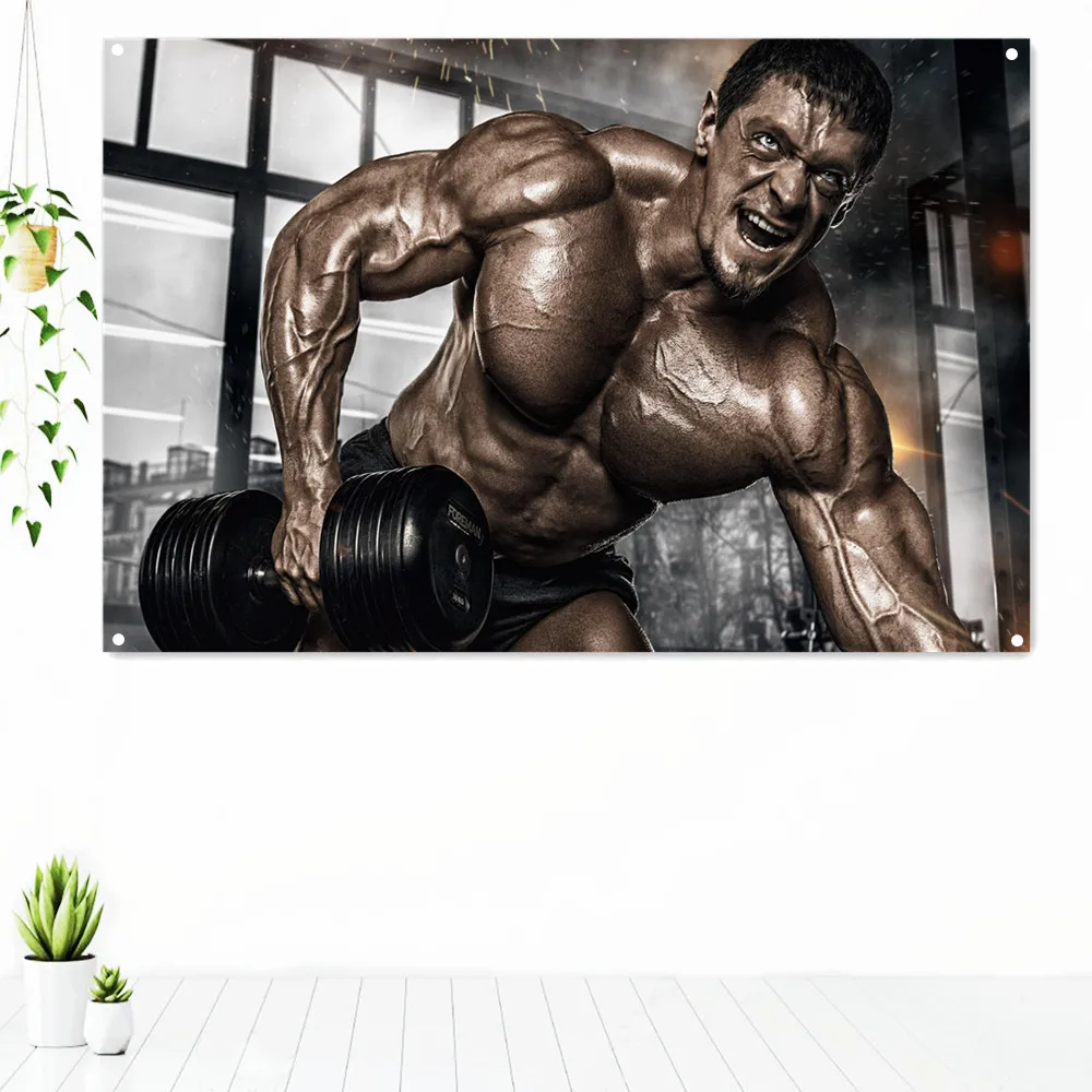 

Men Bodybuilding Muscle Workout Hands Dumbbells Sports Exercise Tapestry Gym Decor Fitness Workout Motivation Poster Banner Flag