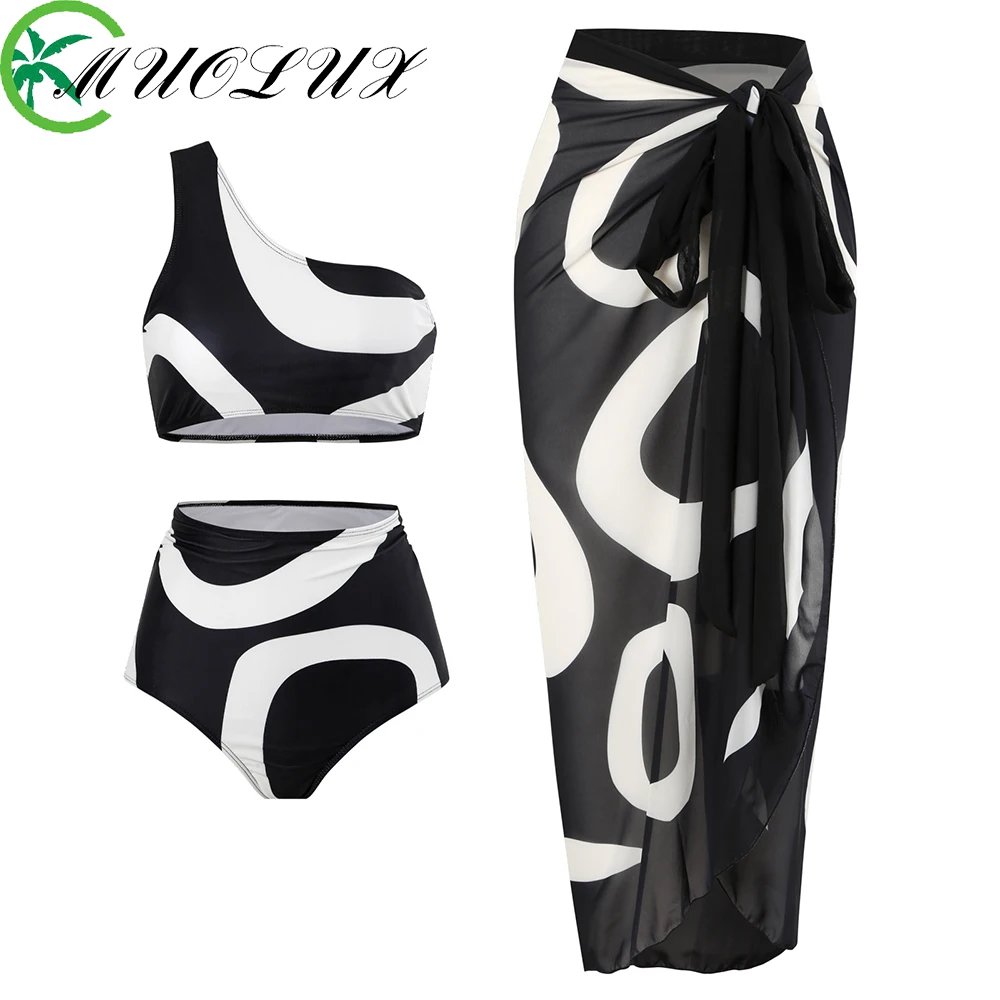 

MUOLUX 2023 New Sexy Three Piece Swimwear Women Biquini 3D Flower Print Cover Up Monokini Brazilian Swimming Bathing Suit Dress