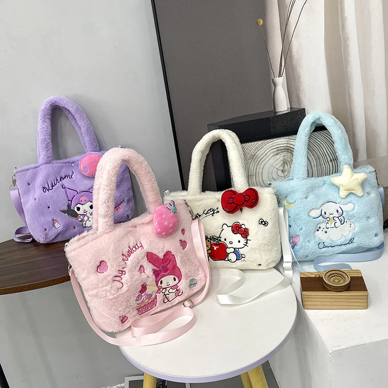 

New Sanrio Tote Bag Hello Kitty Kuromi Plush Bags Cinnamoroll Messeng Kawaii Plushie Anime Shoulder Women Handbag Gift Girl
