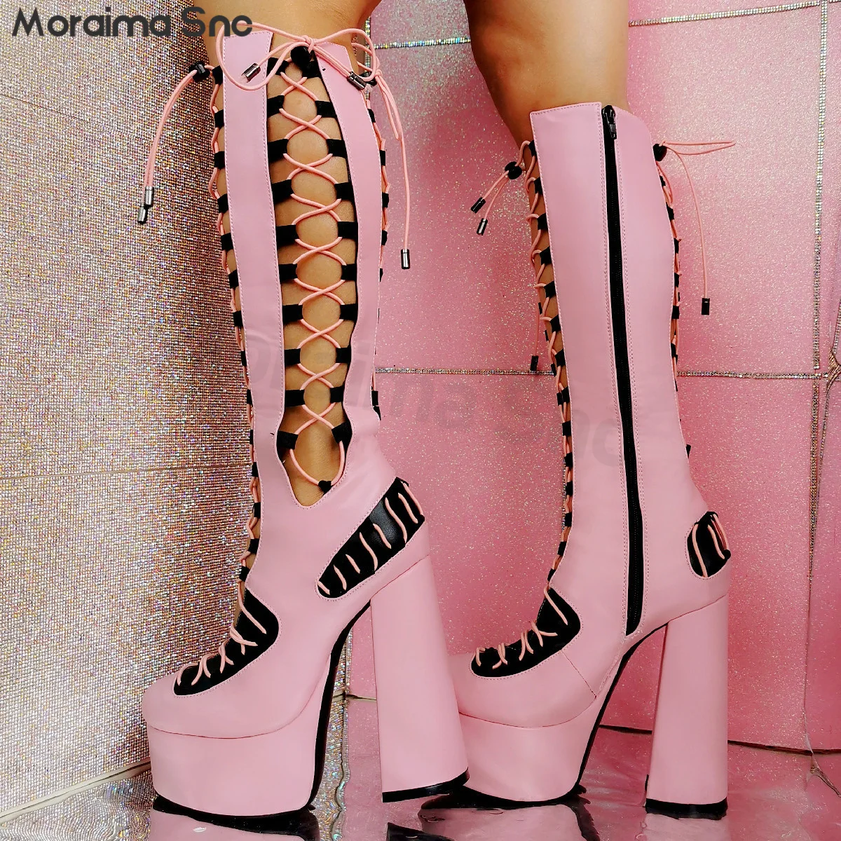 Y2K Sexy Spicy Platform Pink Women's Boots Block Heel Strap Large Heeled Sandals Fashion Mid-Tube Women's Shoes