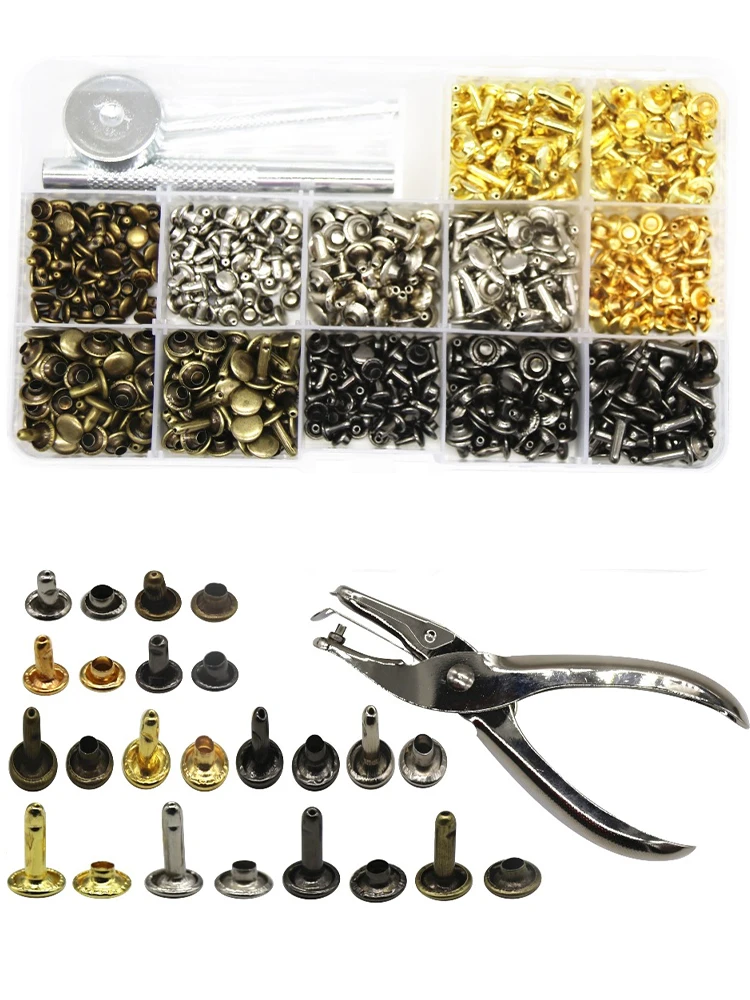

480pcs Iron Leather Rivet Double Cap Storage Box With Punching Plier Fixing Rod DIY Hats Bags Belts Clothing Sewing Supplies