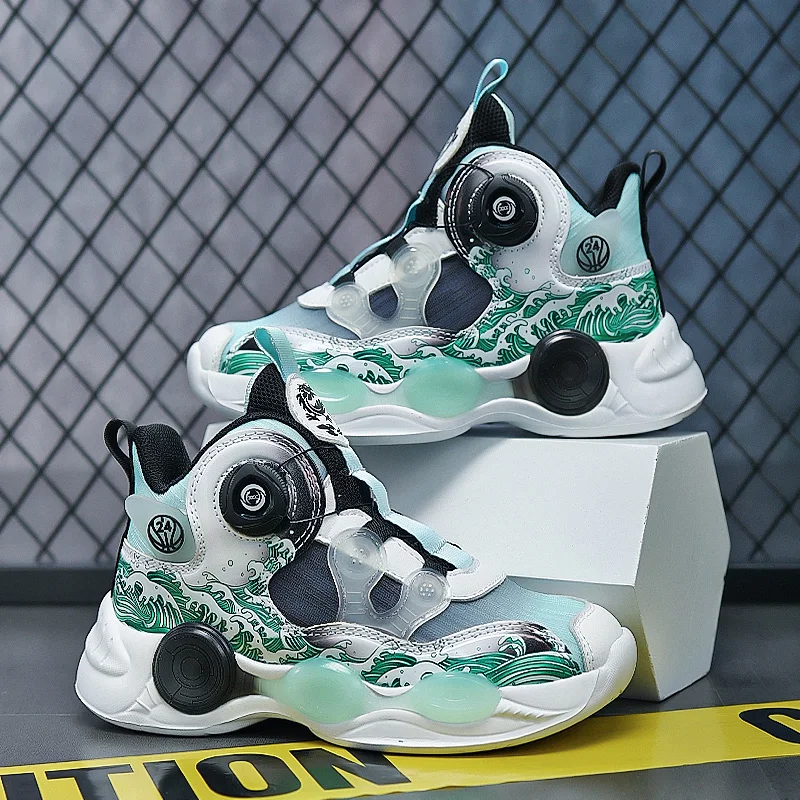 Rotated Button Children Sneakers Boys Basketball Shoes High-Top Breathable Kids Sneakers Boys Outdoor Casual Tennis Shoes