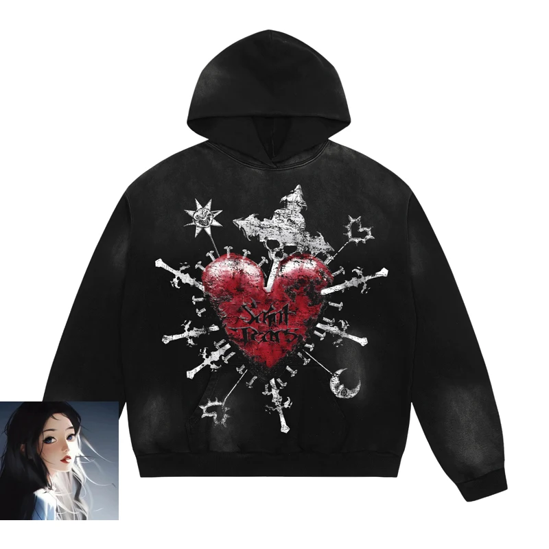 Американская европейская уличная одежда SAINT Tears Skulls Heart Print Толстовка с капюшоном
