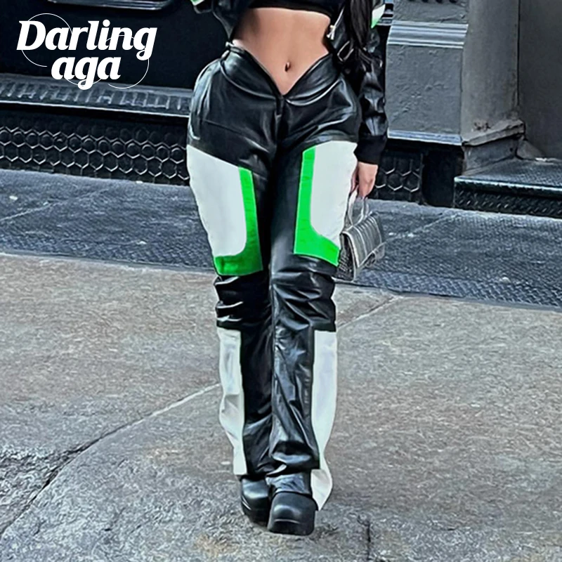 

Darlingaga Streetwear Patchwork PU Leather Pants Ladies V-Waist Bodycon Clubwear Party Trousers Contrast Color Moto&Biker Style