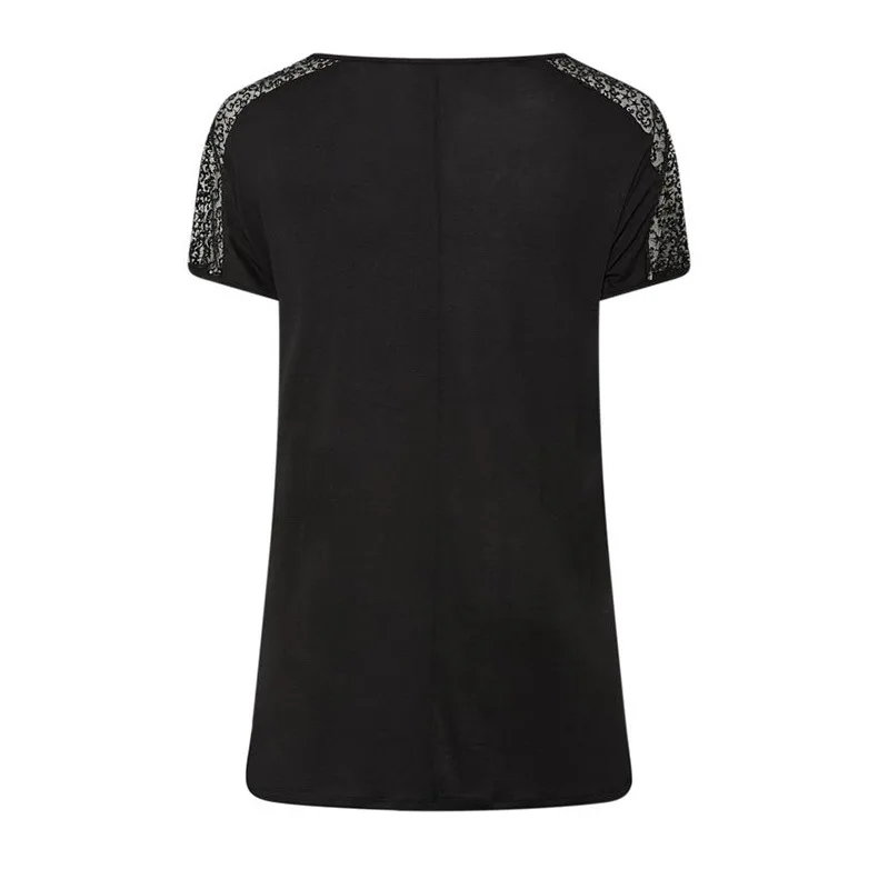 Plus Size Women's Fashion Zipper Patchwork Lace Pullover T-Shirt Spring Summer Round Neck Loose Short Sleeve Casual Black Tops
