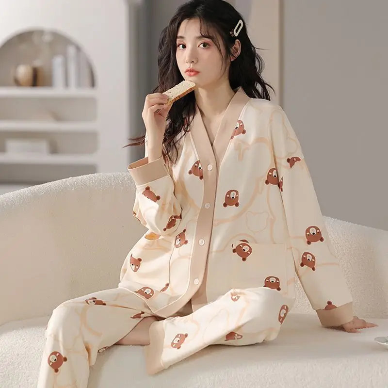 Lightweight Cotton Women Pajama Sets Open Front Night Wears for Women In Spring and Autumn Comfortable Loose Fit Loungewear Suit