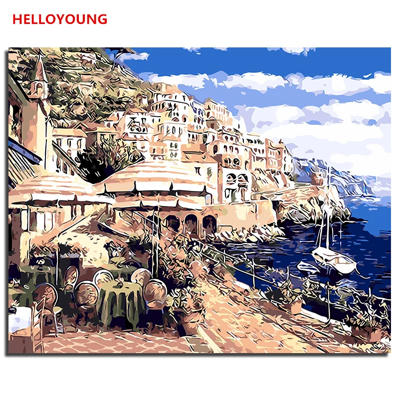 HELLOYOUNG DIY Ручная роспись Картина маслом побережье город цифровая картина по номерам картина маслом s китайские картины-свитки домашний декор