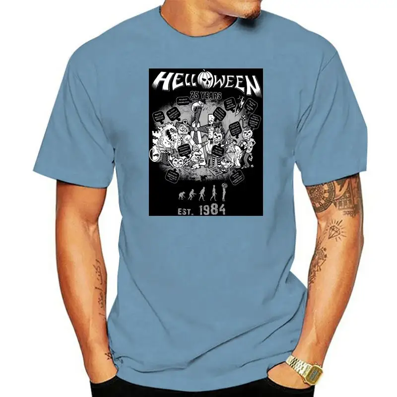 

Helloween Юбилейная Мужская черная футболка с металлическим ремешком футболка с веером Мужская футболка с принтом хлопковая футболка с коротки...