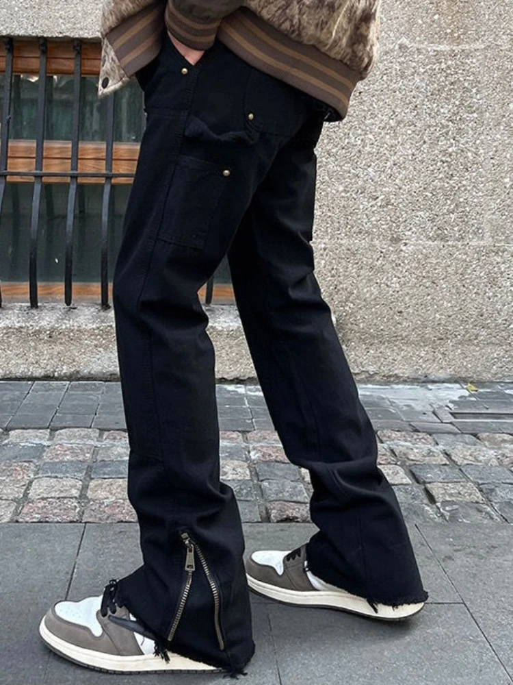 

S-4XL High Street Zipper Split Jeans Men's Fashion Brand Loose Straight Tube American Tooling Micro Horn Black Pants